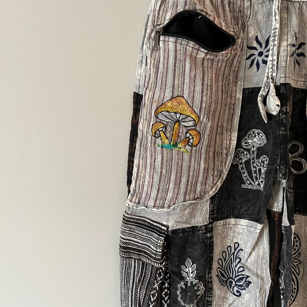 Nepal Patchwork Black/Gray/White Pants with Embroidered Designs (Size S/M) - Picture 3 of 6